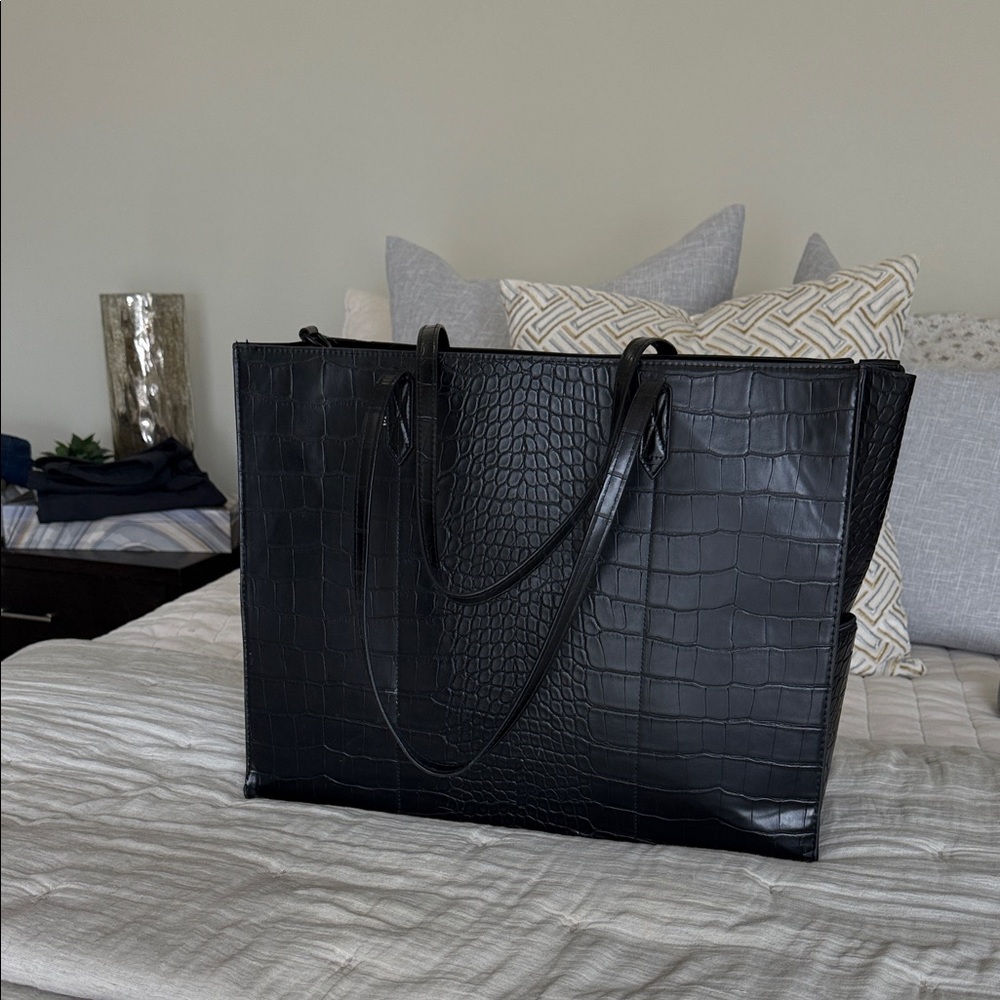 Beis Black Crocodile-Embossed Tote Bag